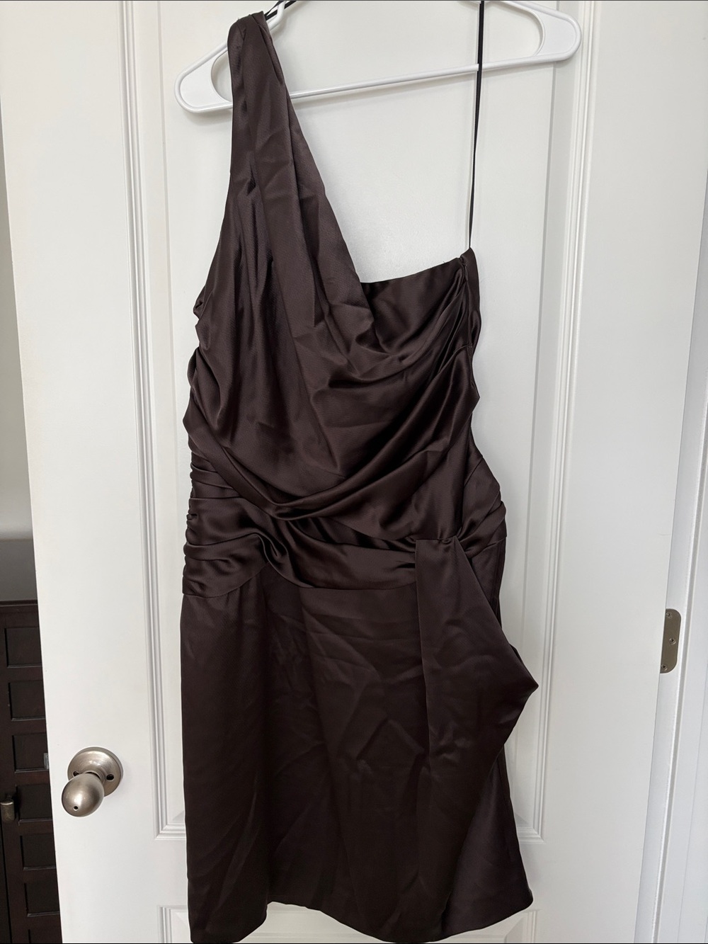 ABS Allen Schwartz One-Shoulder Satin Dress in Dark Brown